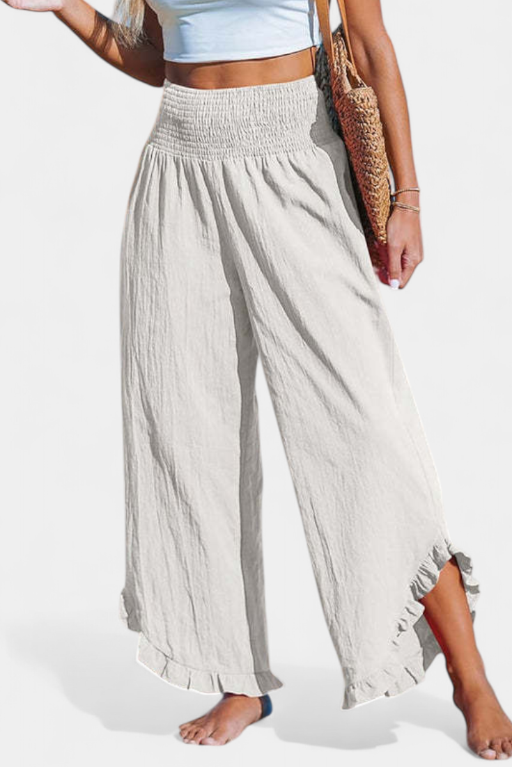 Martina - Pantalón Palazzo Talle Alto Lino Con Volantes