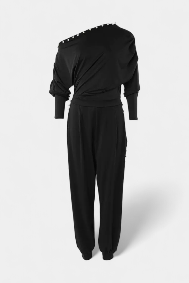 Sofía – Mono Asimétrico Hombro Descubierto Perlas Elegante