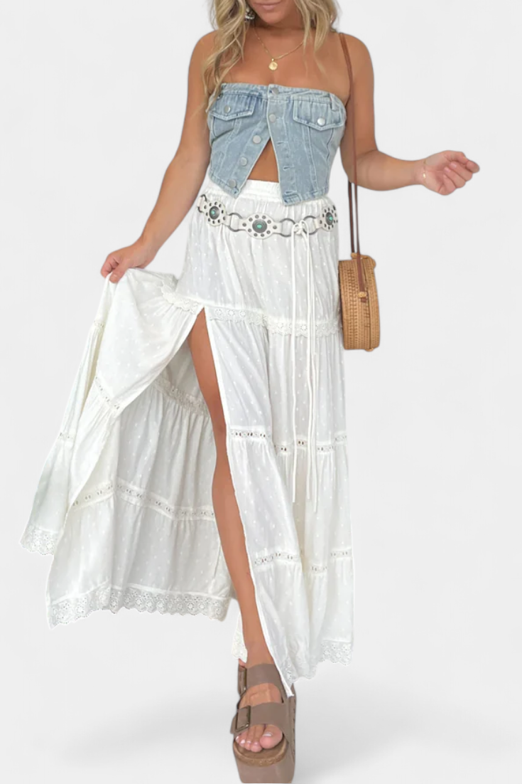 Diana – Falda Maxi Boho Con Encaje Y Abertura Frontal