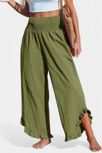 Martina - Pantalón Palazzo Talle Alto Lino Con Volantes