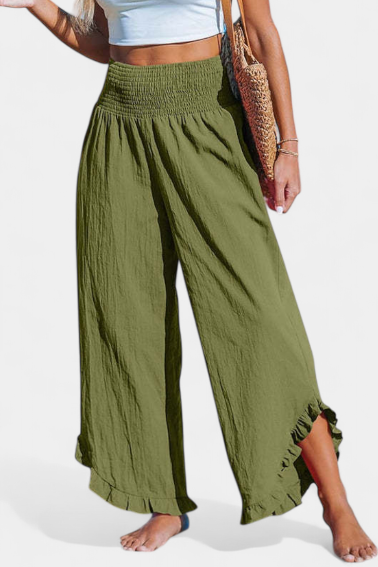 Martina - Pantalón Palazzo Talle Alto Lino Con Volantes