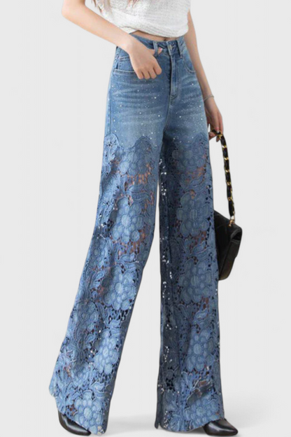 Camila – Pantalón Palazzo Denim Con Encaje Floral Bordado
