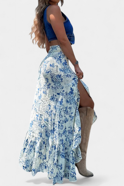 Lucía – Falda Maxi Floral Azul Con Abertura Y Volantes