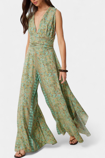 Mariana – Mono Cruzado Estampado Floral Verde Elegante