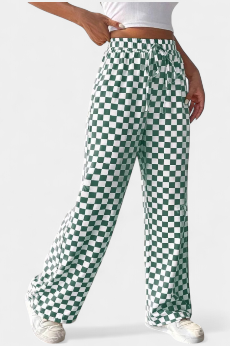 Iliana – Pantalones Pierna Ancha De Cuadros Retro Casual