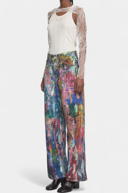Camila - Pantalón Vaquero Pierna Ancha Estampado Artístico