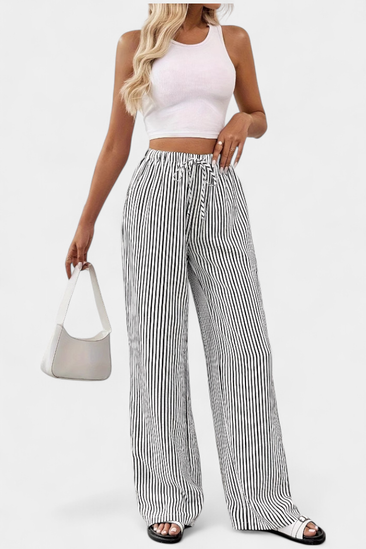 Camila – Pantalón Recto Rayado Cintura Ajustable Casual