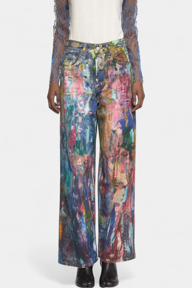 Camila - Pantalón Vaquero Pierna Ancha Estampado Artístico