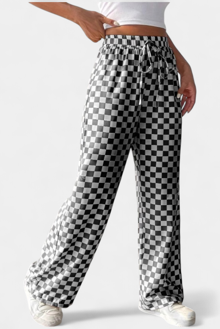 Iliana – Pantalones Pierna Ancha De Cuadros Retro Casual