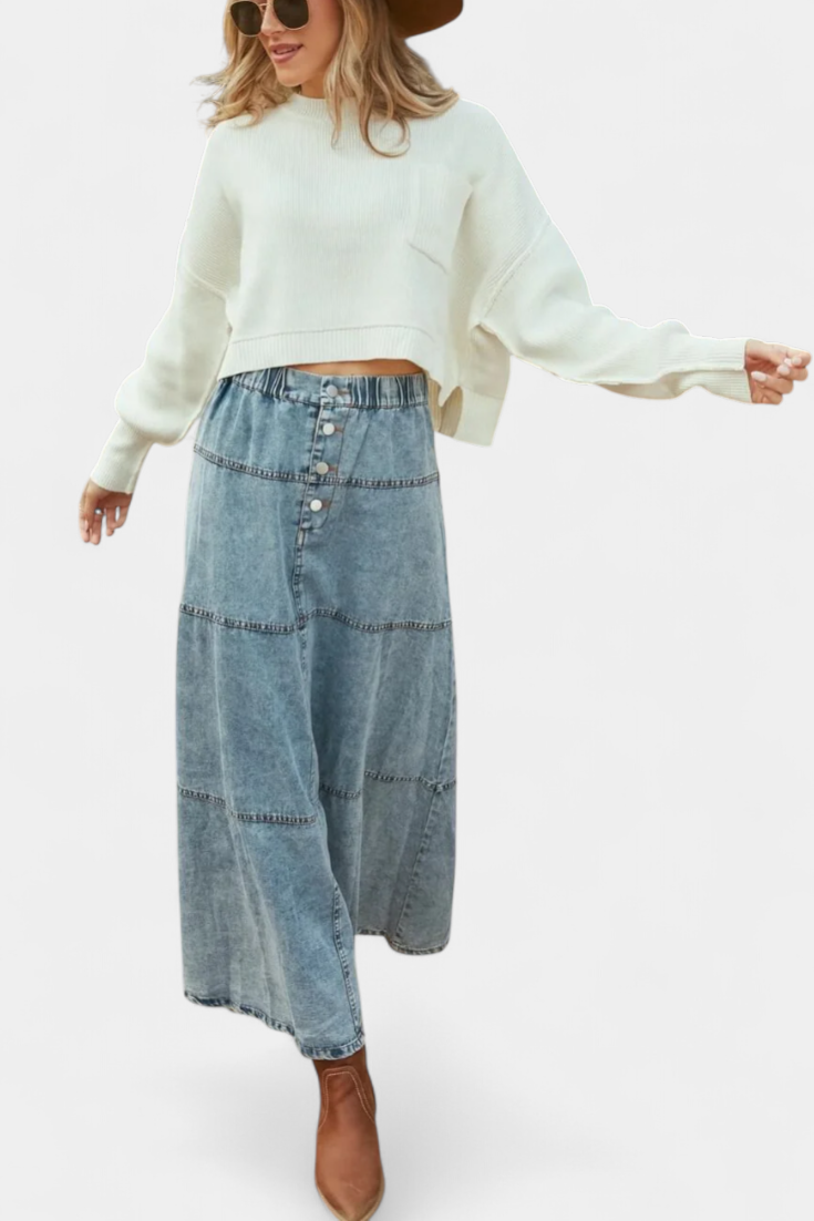 Lorena – Falda Maxi Vaquera Con Pluma Y Costuras Marcadas
