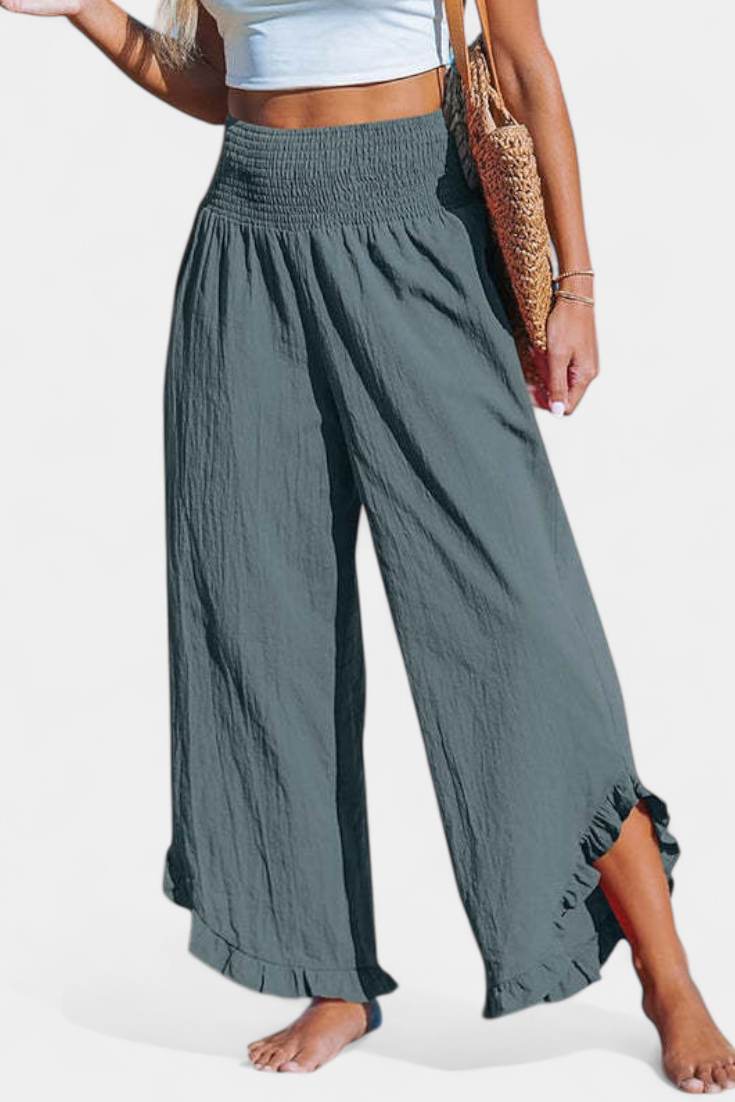 Martina - Pantalón Palazzo Talle Alto Lino Con Volantes