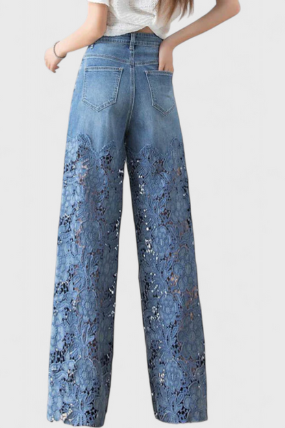 Camila – Pantalón Palazzo Denim Con Encaje Floral Bordado