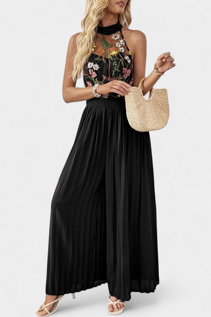 Lucía – Mono Palazzo Bordado Floral Con Encaje Transparente