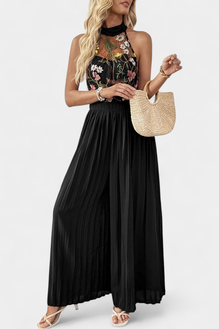 Lucía – Mono Palazzo Bordado Floral Con Encaje Transparente