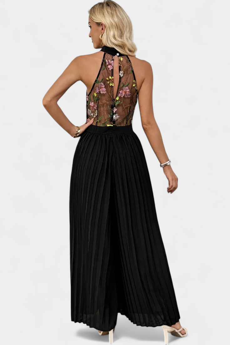 Lucía – Mono Palazzo Bordado Floral Con Encaje Transparente