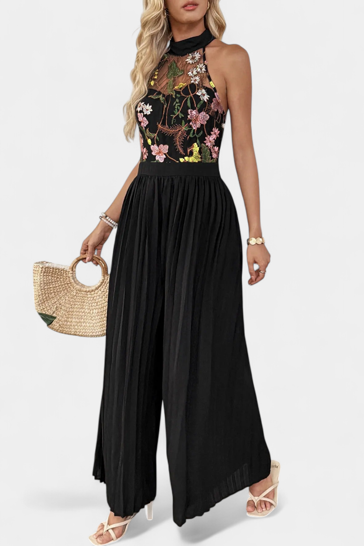 Lucía – Mono Palazzo Bordado Floral Con Encaje Transparente