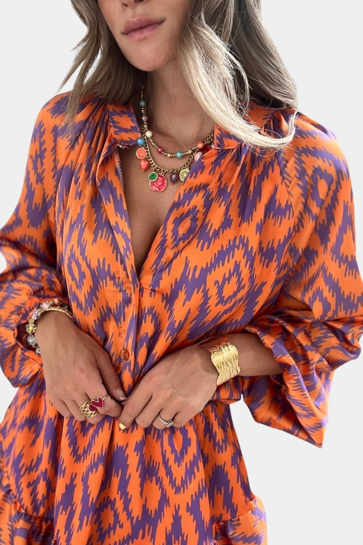 Isabel – Mono Mini Con Volantes Ikat Morado Vibrante