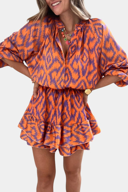 Isabel – Mono Mini Con Volantes Ikat Morado Vibrante
